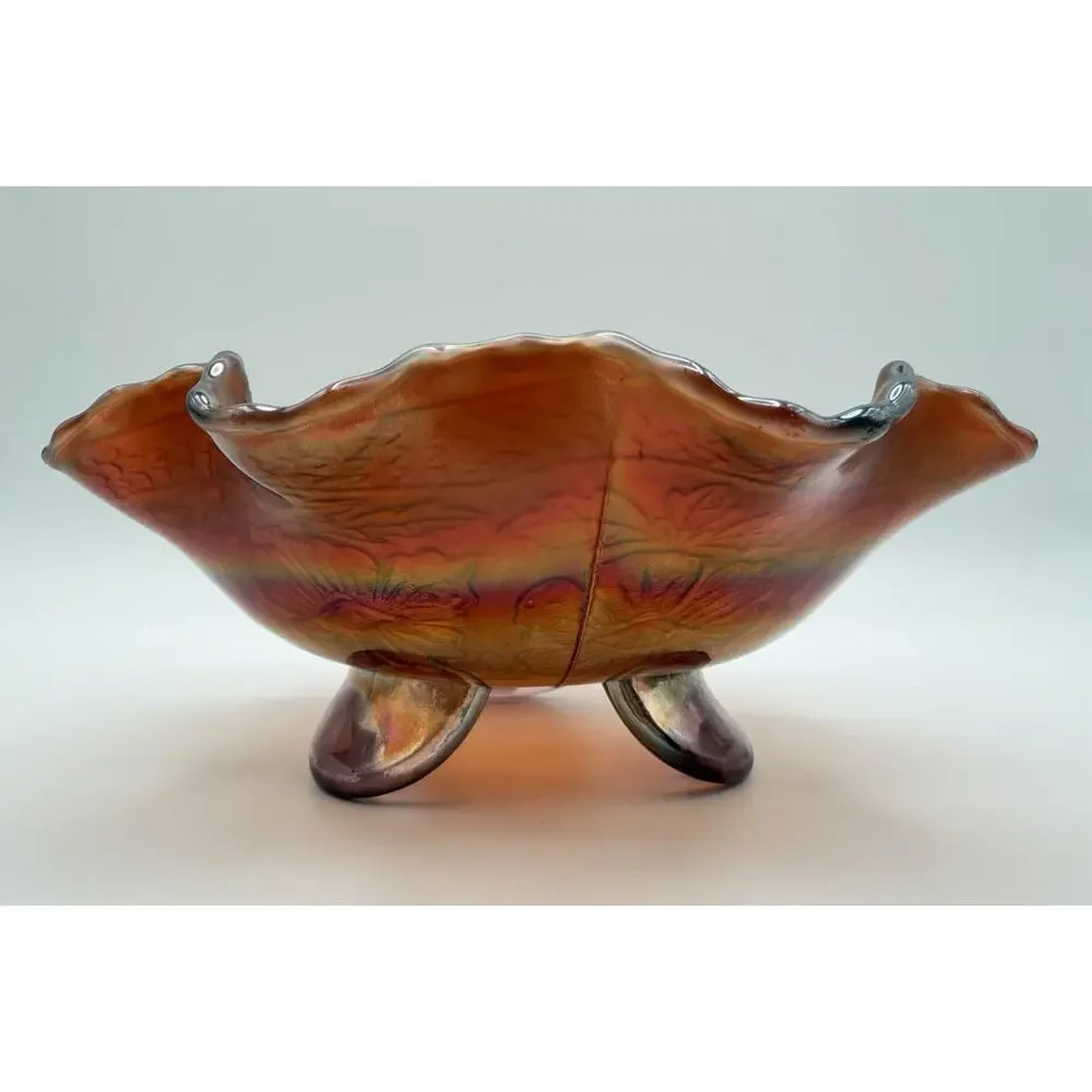 Fenton Two Flowers Carnival Glass Footed Bowl 8” Ruffled Wavy Edge Antique